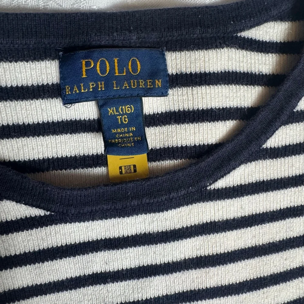Girls Polo Ralph Lauren Sweater XL 16 White Navy Blue Striped Ruffle Shoulder
